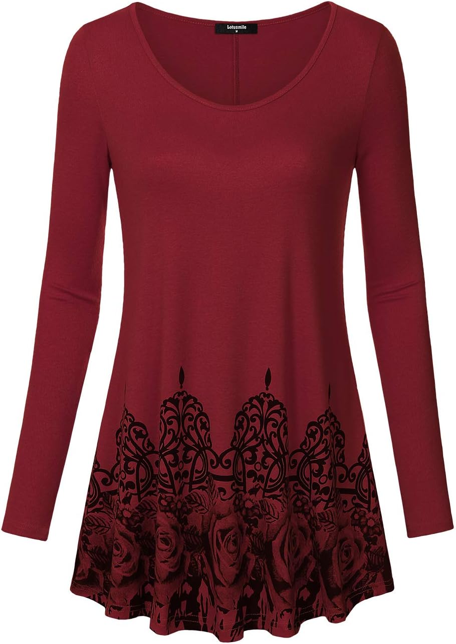 Lotusmile Womens Basic Floral Print Flow Top, Long Sleeve Round Neck A Line Sandy Fabric (Medium, Wine)