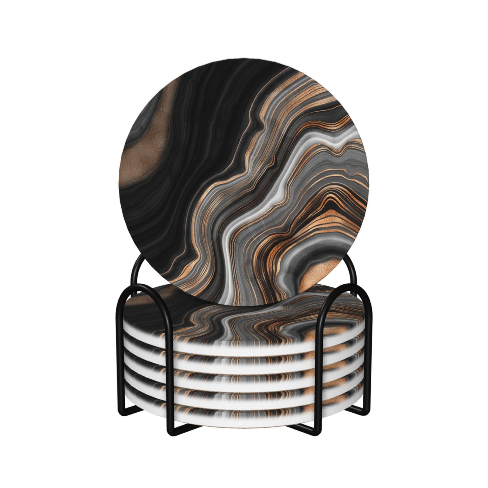 Yxdvpalne As Picture Elegant Black Marble With Gold And Copper Veins,Round Ceramic Coasters, Mugs Pad, Cups Mat Set Of 6 Drinks Coasters With Holder
