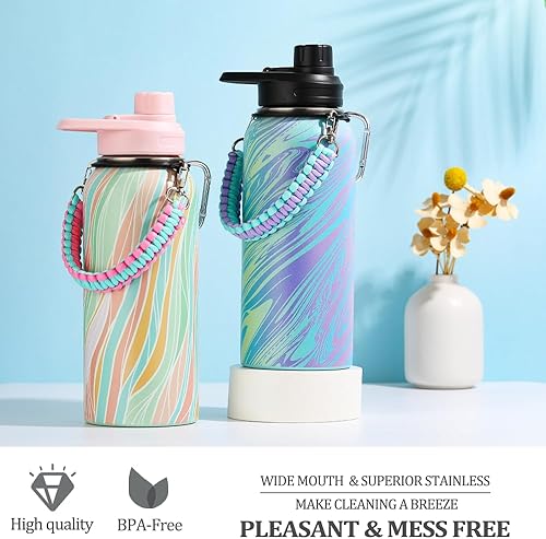 Miniatura 7 de WEREWOLVES Botella de agua aislada personalizada con mango de paracaídas, tapa de popote y tapa de boquilla, botella de agua de boca ancha de acero