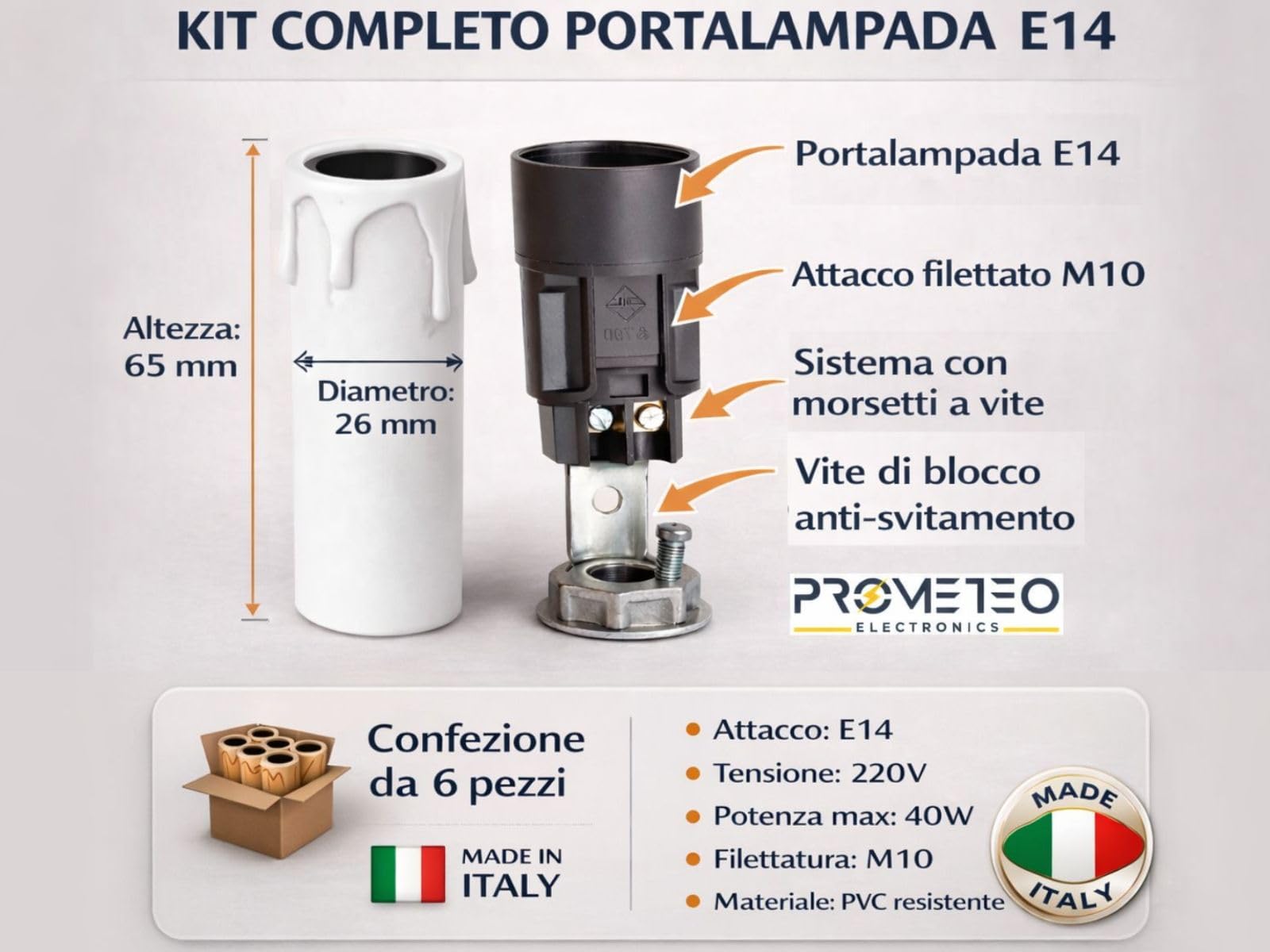 Kit 6 Portalampade E14 Finta Candela Bianca – Copricandela per Lampadari Classici e Vintage – Attacco E14 con Nipplo M10 e Vite di Sicurezza – Altezza 65 mm