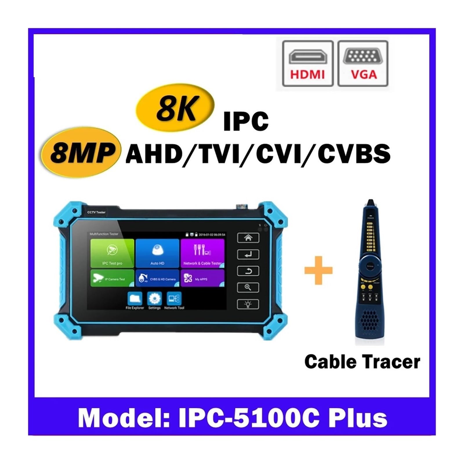 Tester CCTV, 5.4 "8K CCTV IPC Tester IPC5200 Narzędzie Do Testowania Kamery 8MP AHD CVI TVI VGA HDMI PTZ PoE UTP Kabla Sieciowego(IPC-5100C Plus)
