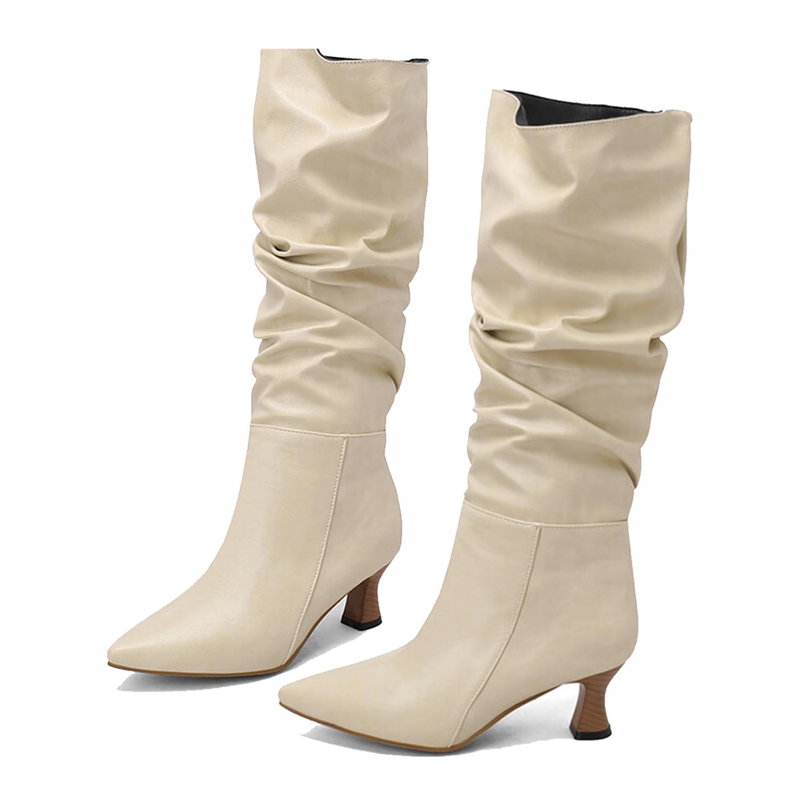 Pointed Toe Kitten Heel Knee High Boots for Women Pull On Leather Slouch Boots Autumn Winter Fashion Long Boots Dress Shoes Comfortable Casual Walking