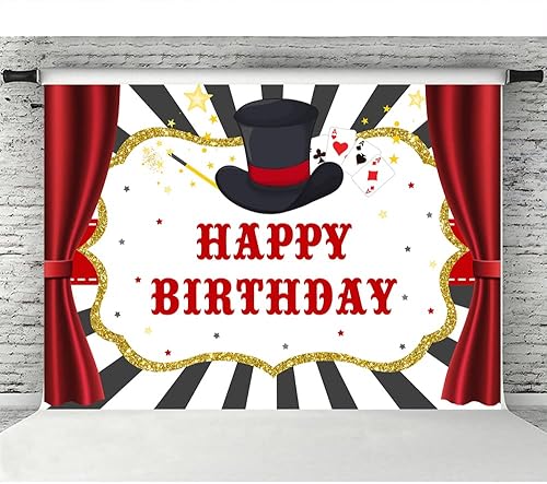 Miniatura 5 de Lofaris Telón de fondo de 7 x 5 pies con espectáculo mágico de feliz cumpleaños para niños y niñas, cortinas rojas de mago, decoración de baby