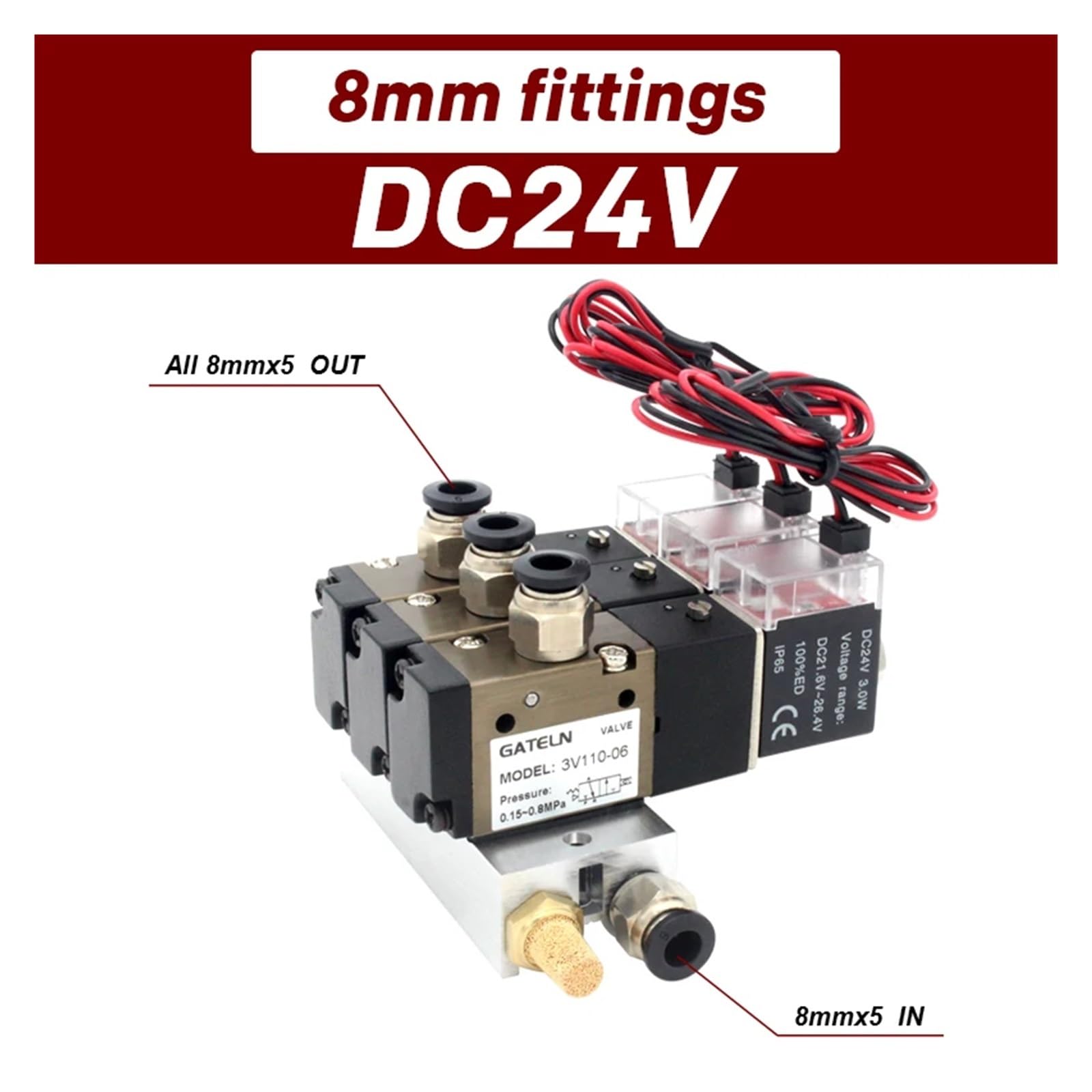 3V110-06-NO blokada stacji elektrozaworu normalnie otwarta z akcesoriami do tłumika kolektora bazowego DC12V DC24v AC110V AC220V 3 porty (Dc24v 8mm Fittings)