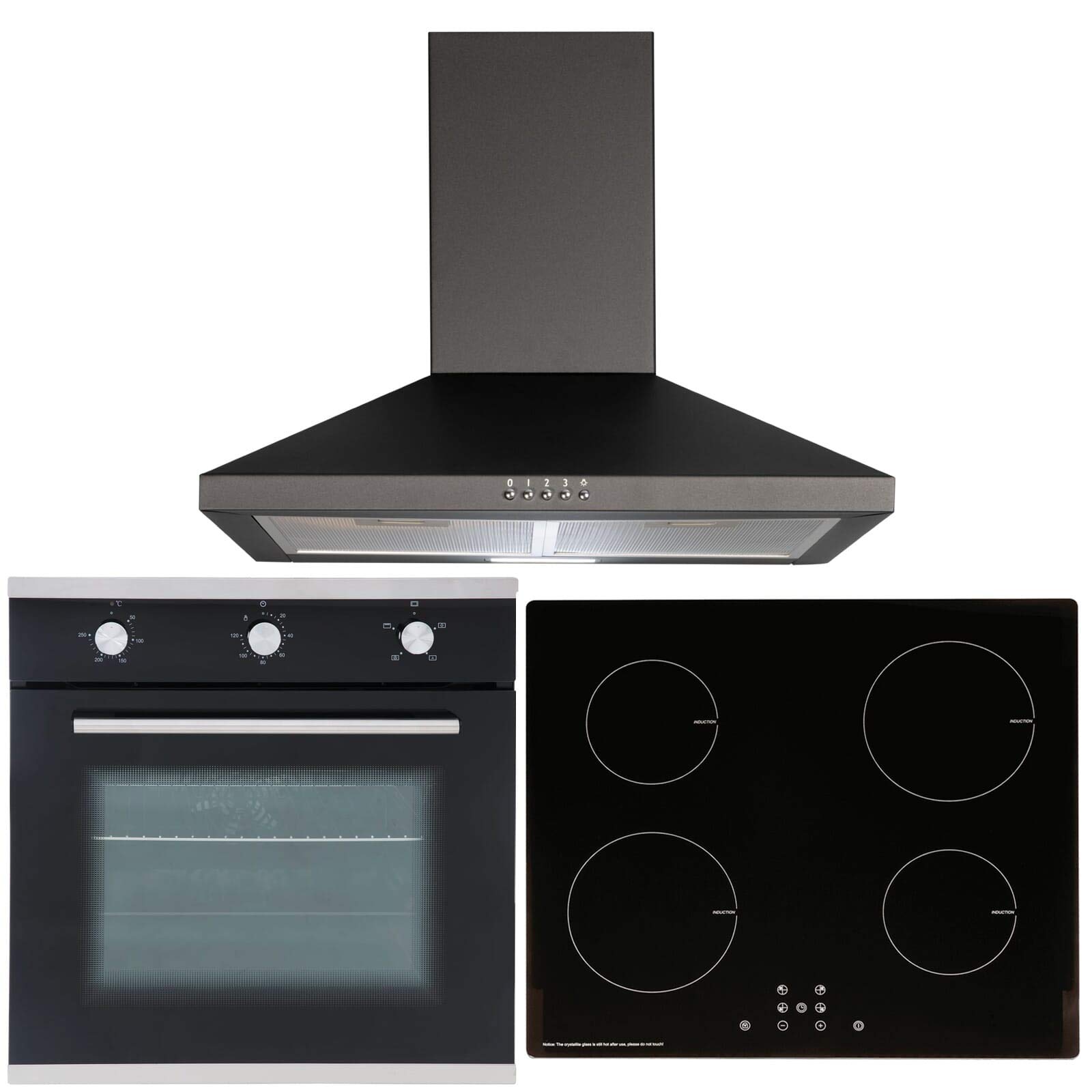 SIA60cm Black Single Oven, ECO 13 Amp 4 Zone Induction Hob & Cooker Hood Fan