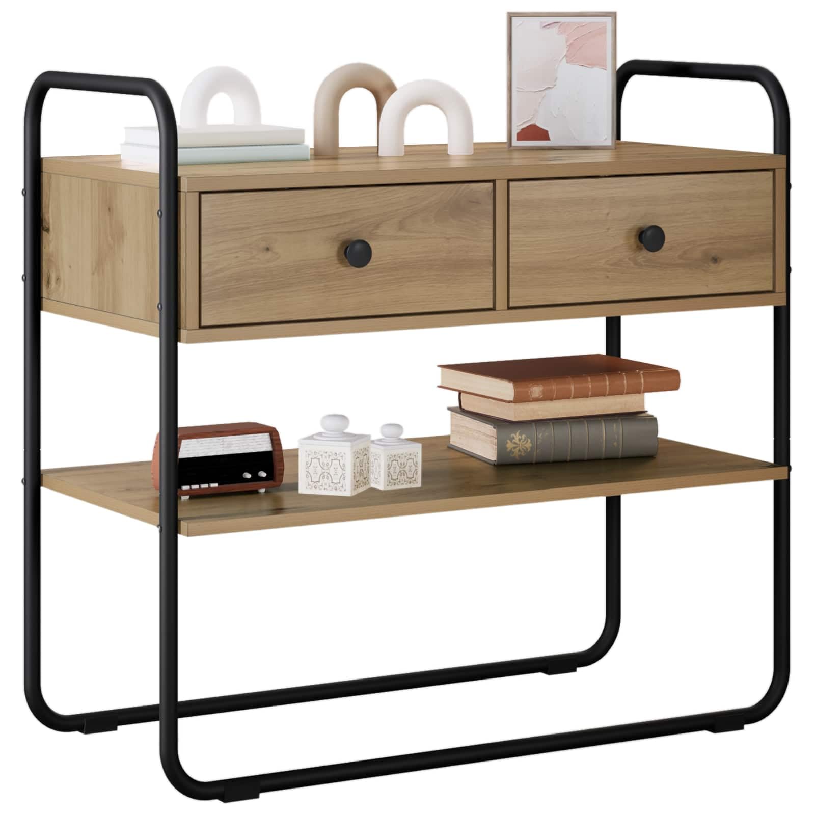 Tavolo consolle in rovere Artisan, 80 x 40 x 75 cm, in legno | Telaio in acciaio zincato, piedini in gomma, 2 ripiani, facile da montare per corridoio o soggiorno