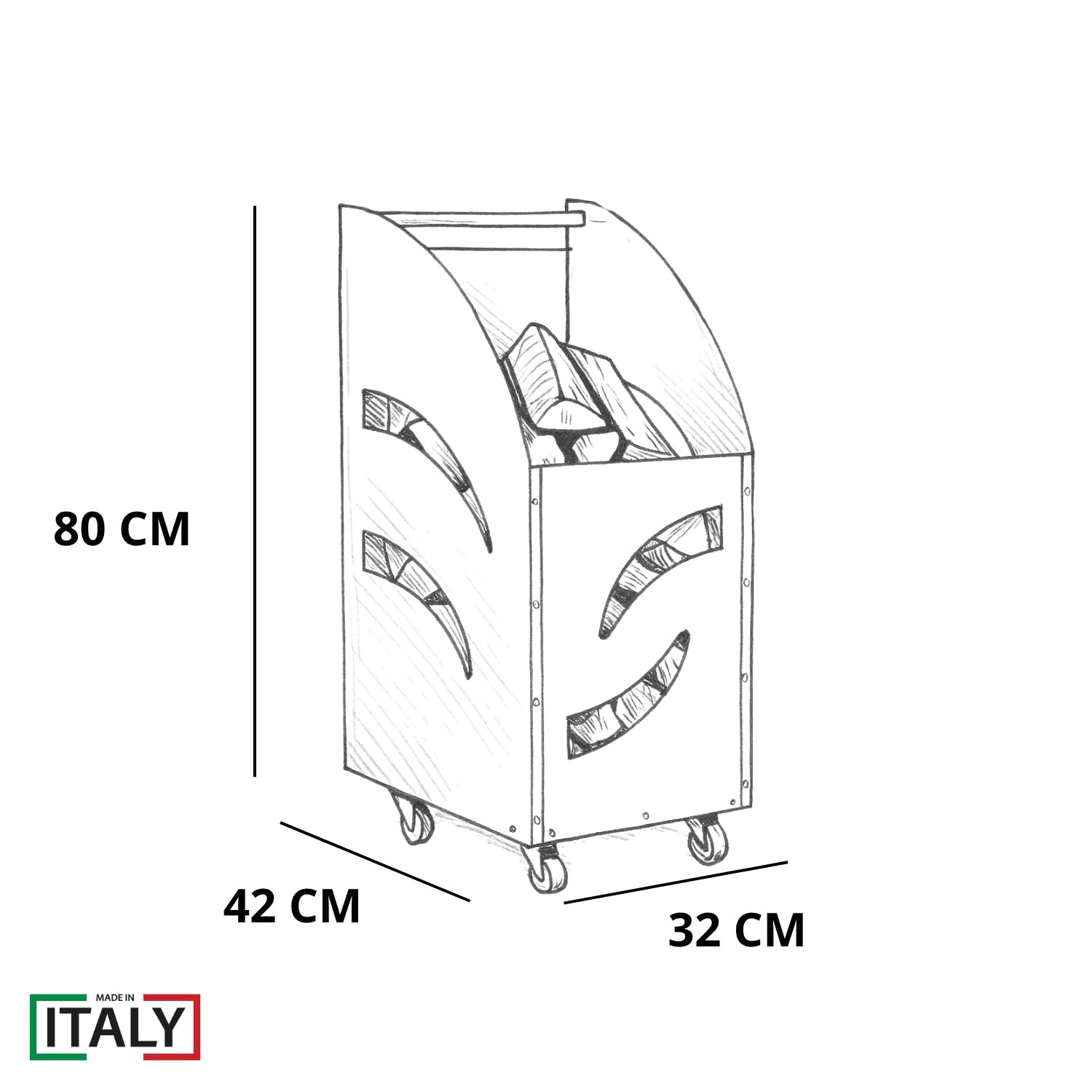 MOHOME Carrello Portalegna da Interno Esterno con Ruote Metallo Spesso Nero Made in Italy Contenitore 80 x 42 x 32 cm Legnaia Manico Ergonomico Ruote Piroettanti Cesto per Ceppi Legno Stufa Camino