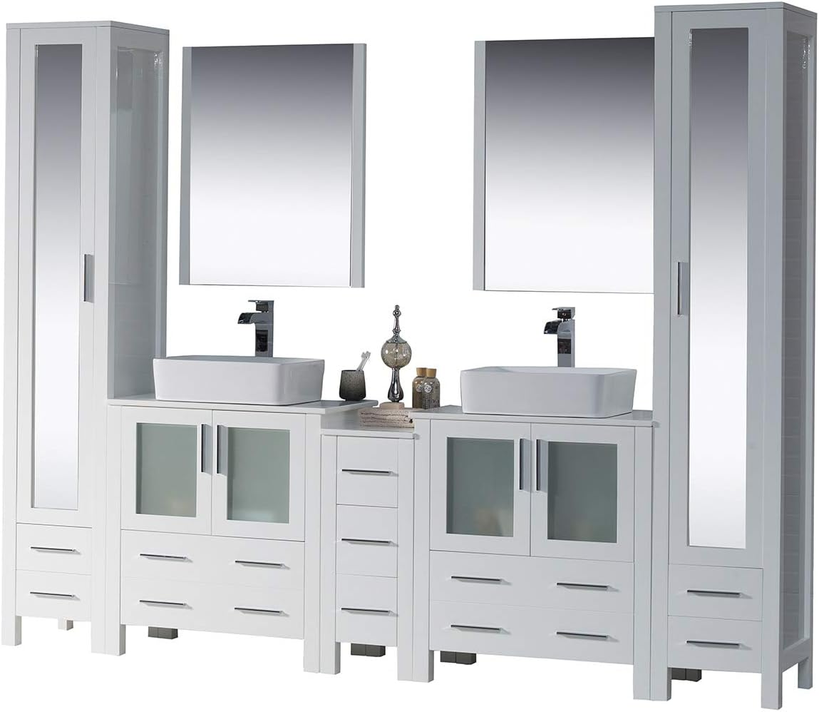 Blossom 102" Glossy White Double Vessel Sink Bathroom Vanity Set, Solid Wood Freestanding Cabinet, 2 Linen Closets, Side Cabinet & 2 Mirrors, Soft-Close Storage
