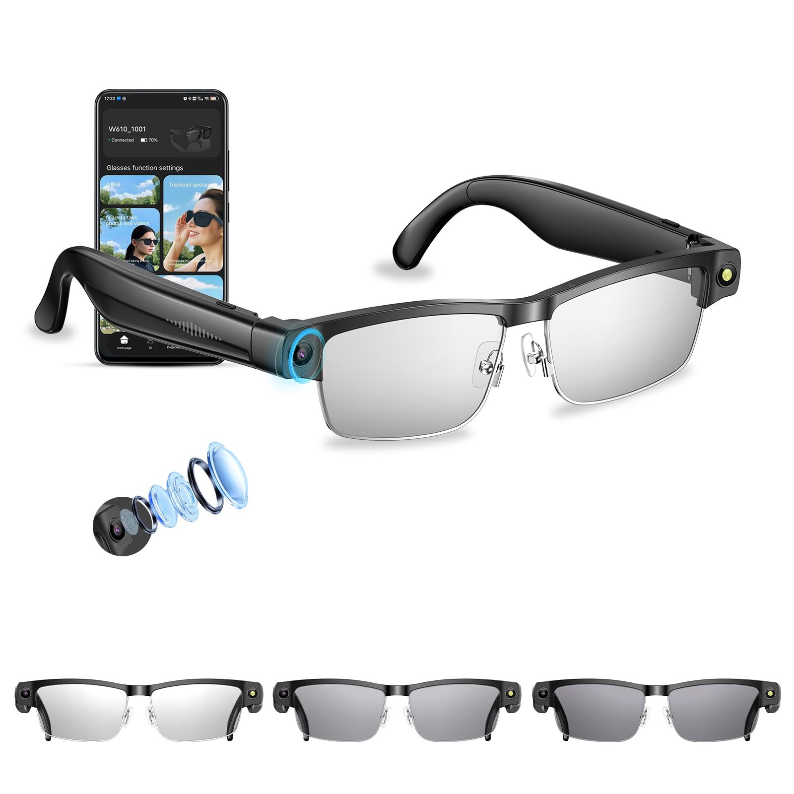 AI Smart Glasses with 4K Camera 8MP HD Camera Glasses-Anti-Shake Video Recording GPT Vision AI Voice Control Dual