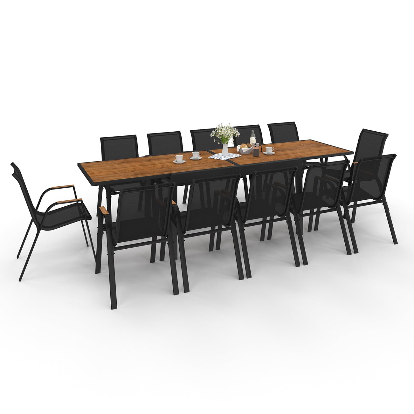 IDMarket - Salón de jardín NOUMEA Mesa extensible 135/270 cm, bandeja efecto madera y 12 sillas apilables negro y madera