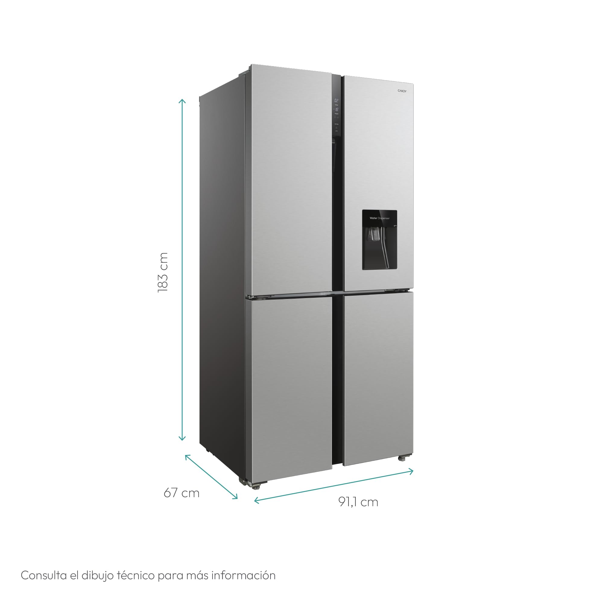 Candy CQS5T918EWX1, Frigorífico Americano 4 puertas, AnchoxAlto 91x183cm, Capacidad 560L, Total No Frost Circle+, Dispensador Agua, 2 Cajones Verduleros, Control Digital, Iluminación LED, 37DB, Inox