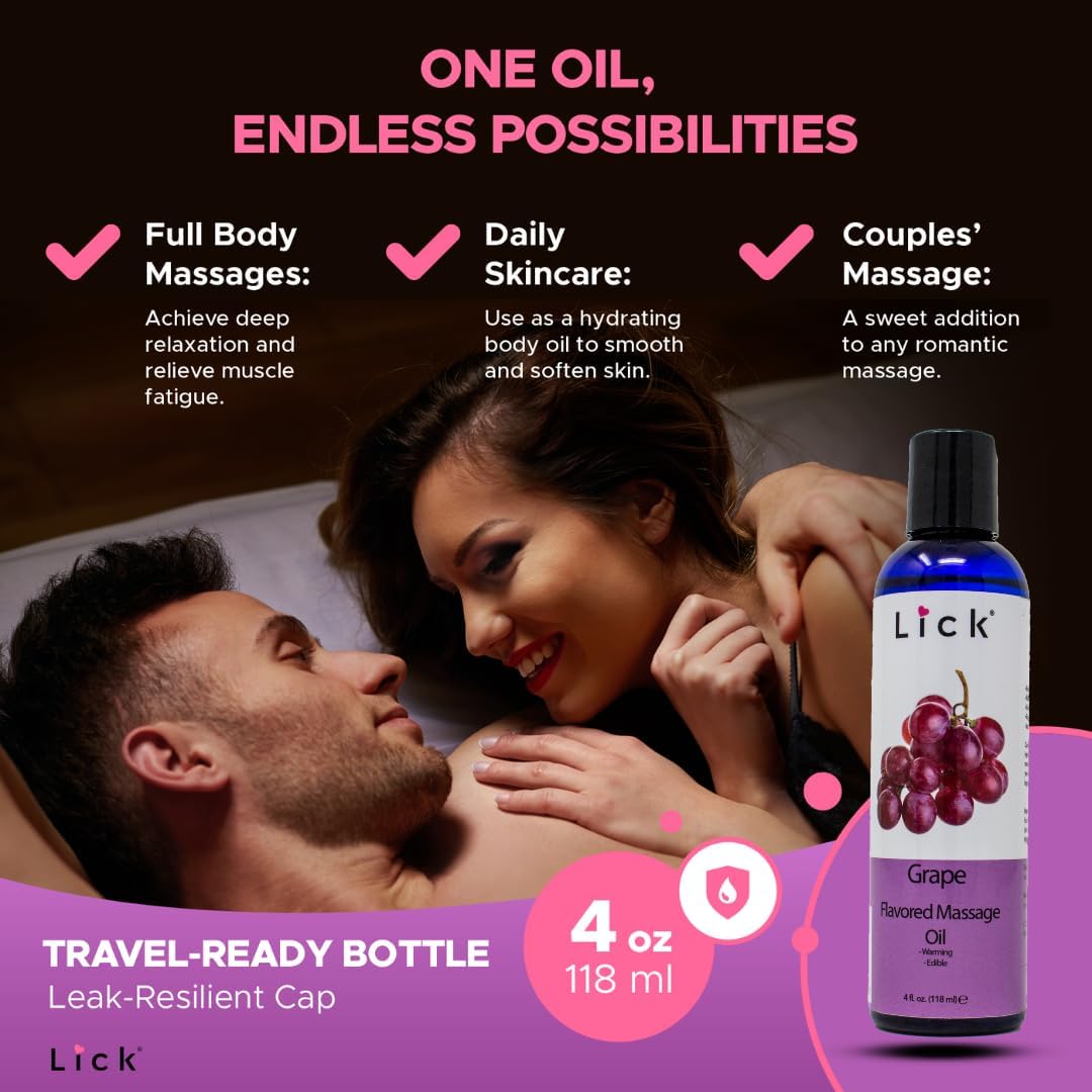 Lick Grape Flavored Massage Oil – Sweet Fruit Edible Massage Oil with Sweet Almond Oil & Vitamin E, Smooth Glide for Relaxing Couples Massage Sessions, 4 oz - Image 7