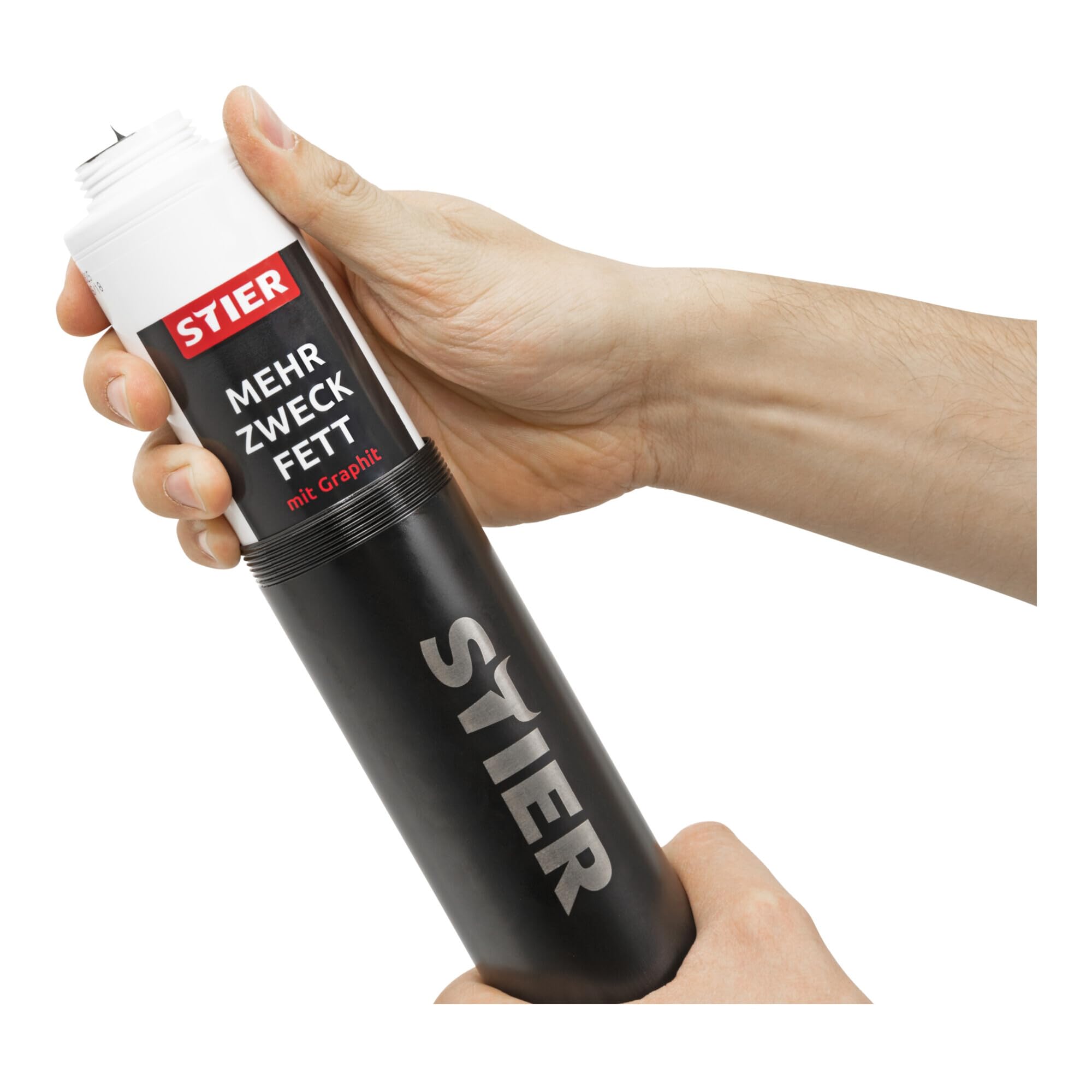 STIER Einhand-Fettpresse mit Nylonschlauch, Arbeitsdruck 410 bar, Kompatibel mit allen gängingen Fettkartuschen, ergonomischer Anti-Rutsch-Pistolengriff, Schmierpresse
