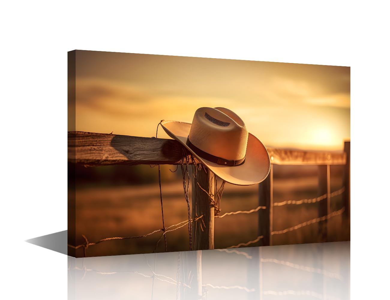 1 Panel Framed Wall Art Cowboy hat Hanging on a Wooden Fence at Sunset Pictures Print on Canvas for Living Room Bedroom Wall Decoration, Cowboy Artwork, Ready to Hang, 24" Wx16 H