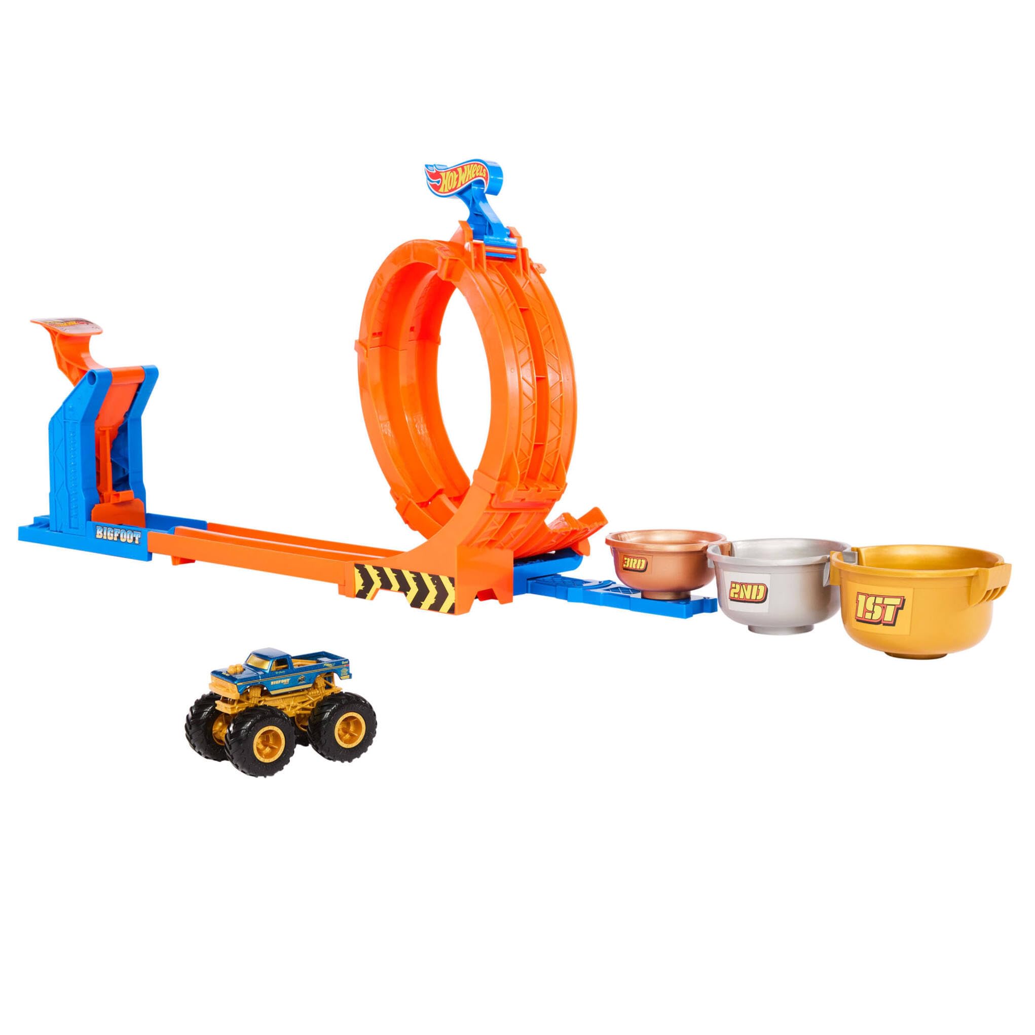 Hot Wheels Monster Trucks Trofeo Challenge de loopings y giros Bigfoot Conjunto de de Pista y camión, Conjunto de Juego con vehículo metálico 50 Aniversario a Escala 1:64, Dos Formas de Jugar, JBX64