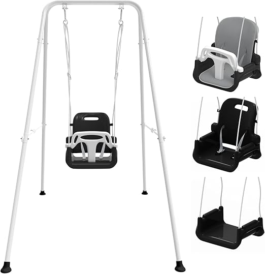 Toddler Swing with Soft Cushion, Foldable Indoor & Outdoor Baby Swing, Easy to Install & Store for Backyard Play (Black)