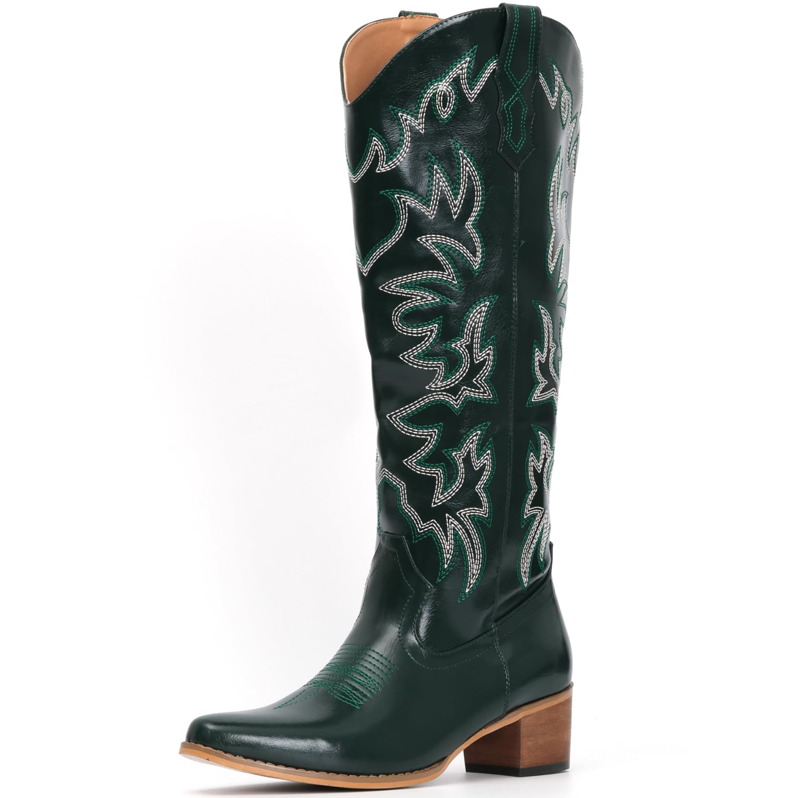 IUV Cowboy Boots For Women Knee High Western Cowgirl Boots Snip Toe Side Zipper Chunky Heel