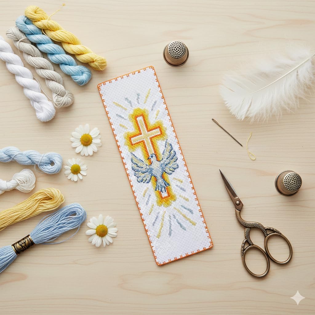 Povitrulya 'Holy Spirit' Counted Cross Stitch Bookmark Kit - DIY Embroidery Set for Adults with Paper Pattern, 16-Count Aida Canvas and Presorted Floss; Baptism, Christian, Bible Handmade Gift