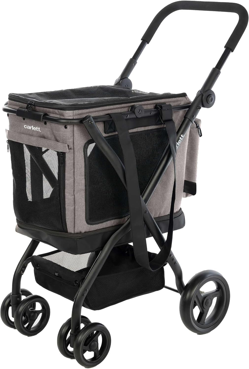 Carlett Chariot pour Animaux 3 en 1, Roues Pivotantes 360°, Résistant à l’Eau, Transporteur Compatible Siège Auto, Housse de Pluie et Sangle de Sécurité, Cube P, Gris