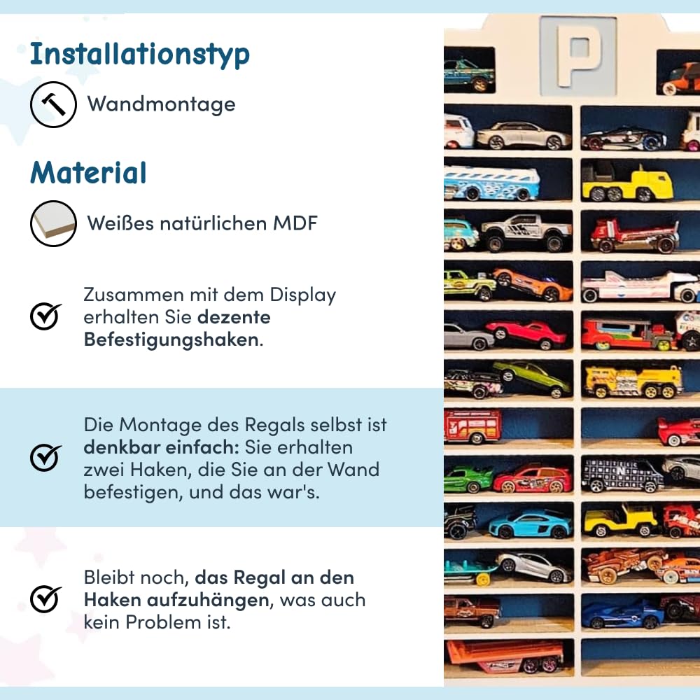 Sammlervitrine Fächer Setzkasten Holz Sammelbox Car Display Parking, Kinderzimmerregal, Kinderzimmerdekoration, Hängeregal für Zubehör und Spielzeug