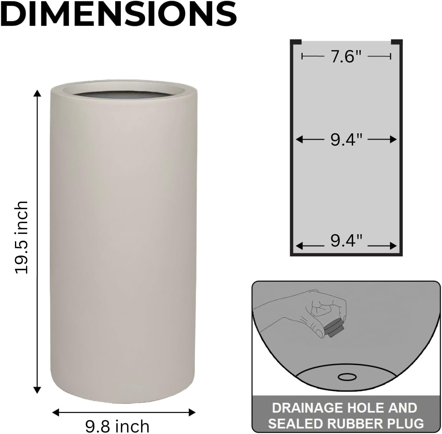 19.5" H x 9.8" D Premium Tubo Fiberstone Cylinder Tall Planter with Drainage Hole, Weather Resistant for Indoor and Outdoor Use, Included 2 Extra Coco Mats (Taupe, 8.2" Pot Opening)