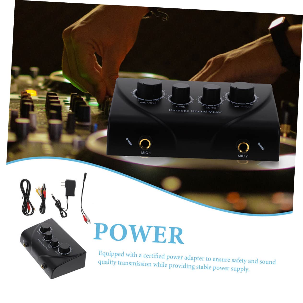 Yardwe 1 Set Mixer Karaoke Professionale con Doppio Microfono Mixer Audio Basso Rumore per Feste e Ktv Design Compatto e Materiali Resistenti con Adattatore Alimentazione Incluso