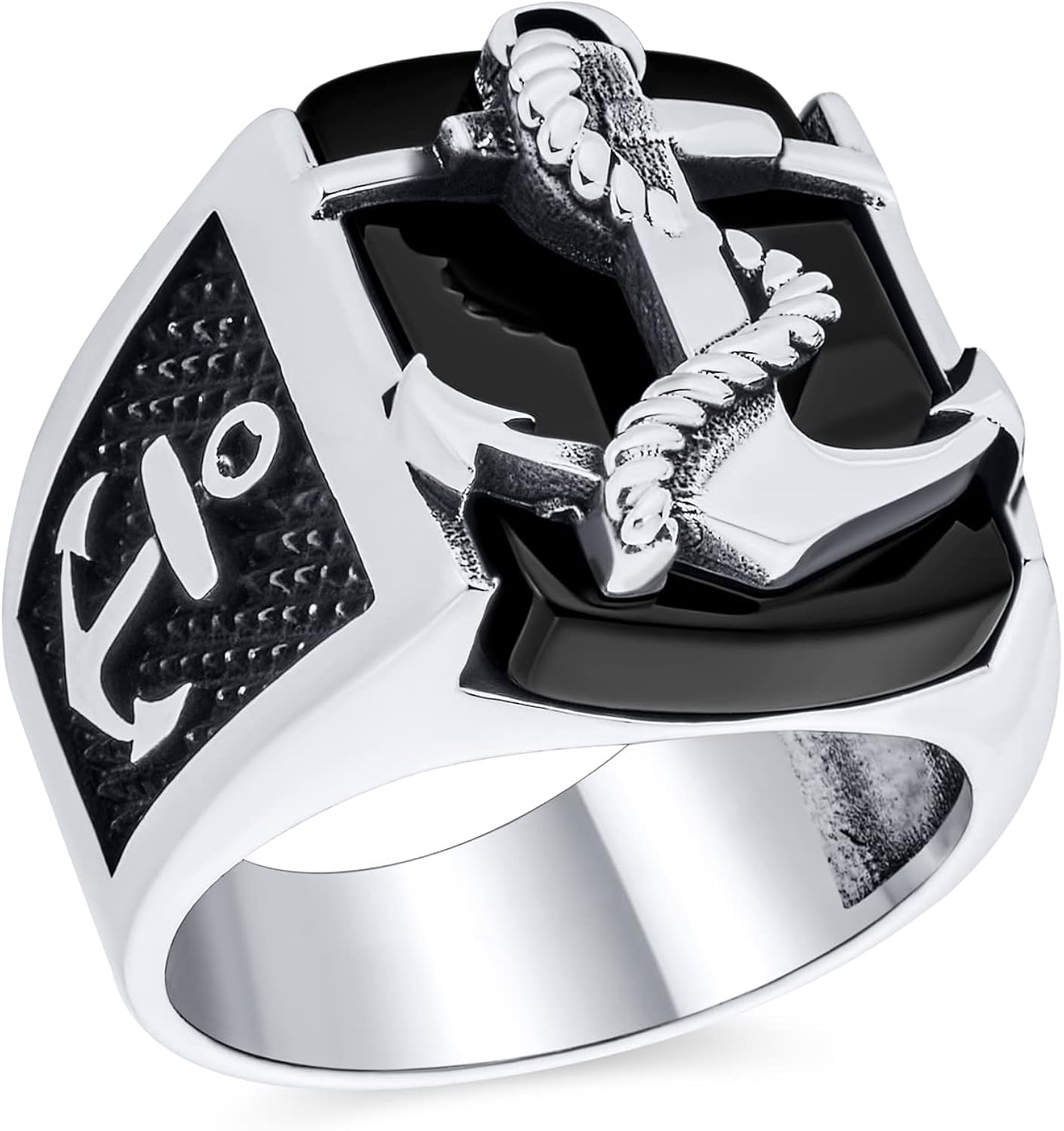 Personalize Mens Nautical Black Onyx Gemstone Or Etched Brown Wood Inset Large Boat Anchor Signet Ring For Men Solid .925 Sterling Silver Made In