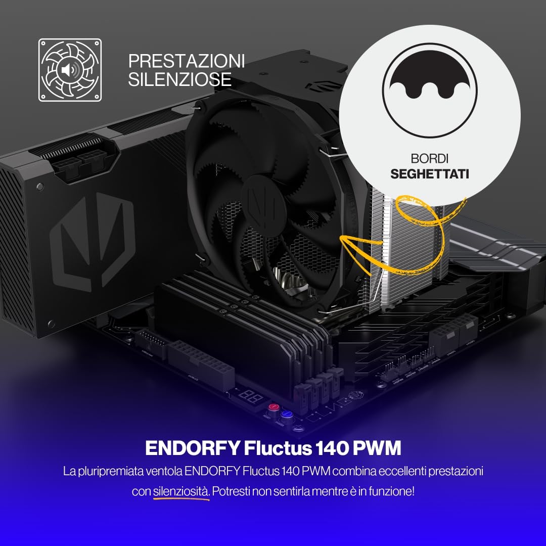 ENDORFY Fortis 5, dissipatore per CPU con ventola da 140 mm, ventola Fluctus 140 mm, modalità semi-passiva opzionale, dissipatore AM4, AM5 dissipatore per CPU, AM5, AM4, LGA1700, LGA1200, EY3A008