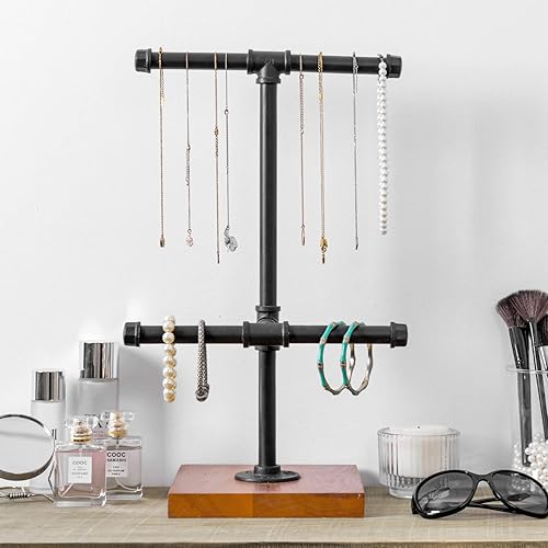 Miniatura 4 de MyGift Soporte organizador de joyas industrial de 2 niveles con barra en T soporte para pulseras y collares con base de madera quemada