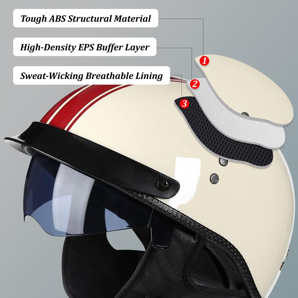 Retro Motorrad Halbhelme Motorradhelm für Herren und Damen ECE-Zertifizierung Jethelm Mit Visier Halbschalenhelm Braincap für Bike Cruiser Chopper Moped Scooter Offenem Helm, M-XXL