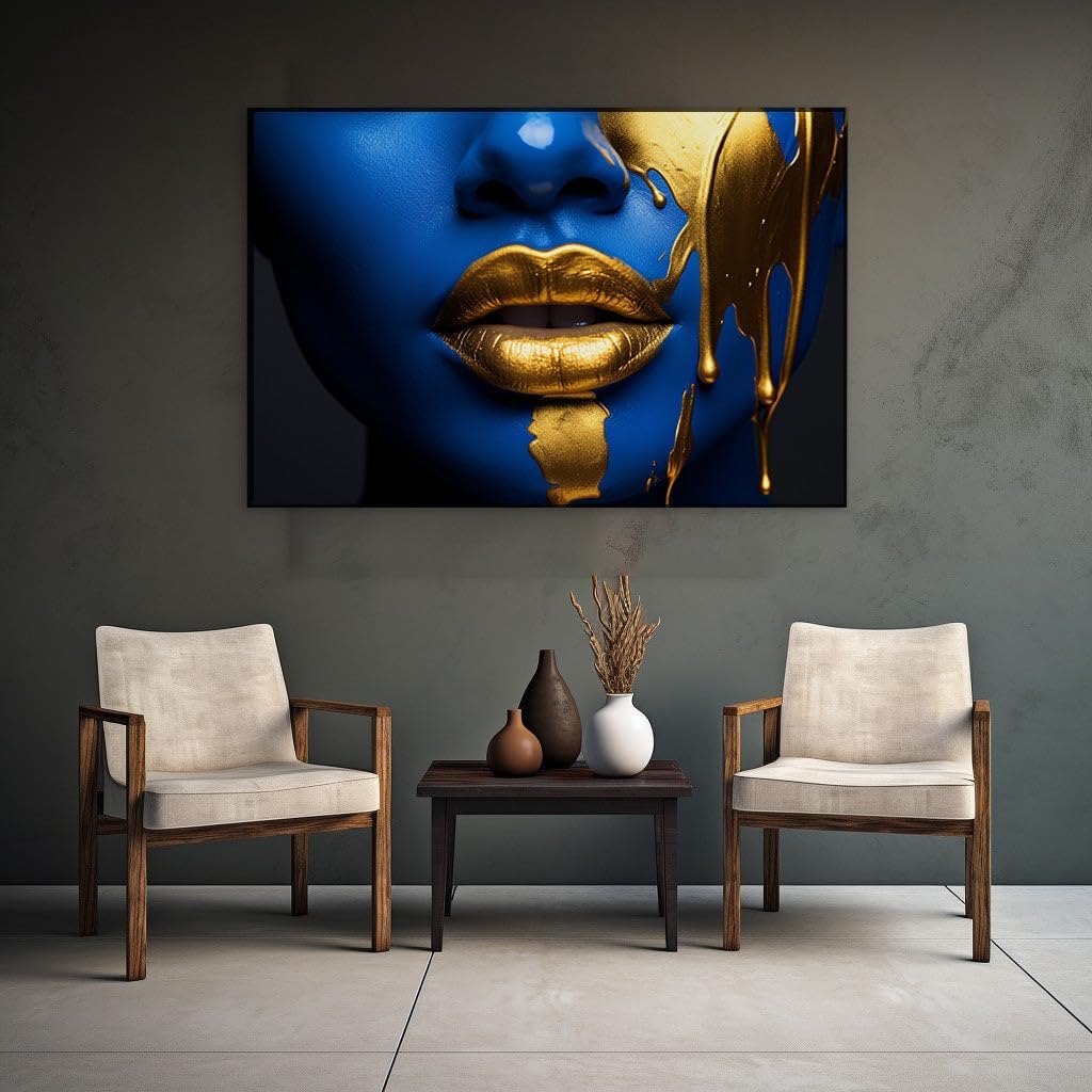 Canvas for Living room. Sapphire Hues and Gilded Kisses: A Portrait of Artistic Boldness, 27 x 18 inch Canvas Wall Art - Contemporary Masterpieces - Modern Home Decor
