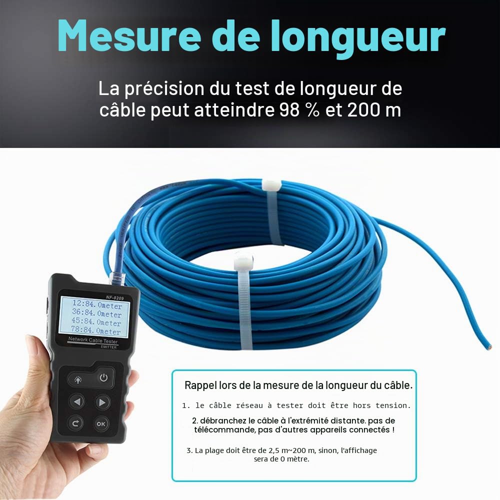 Testeur de câble réseau NF-8209 - Testeur de câble réseau - Testeur de câble CAT5 CAT6 - Mesure de la longueur du câble - Test PoE - Fonction NCV