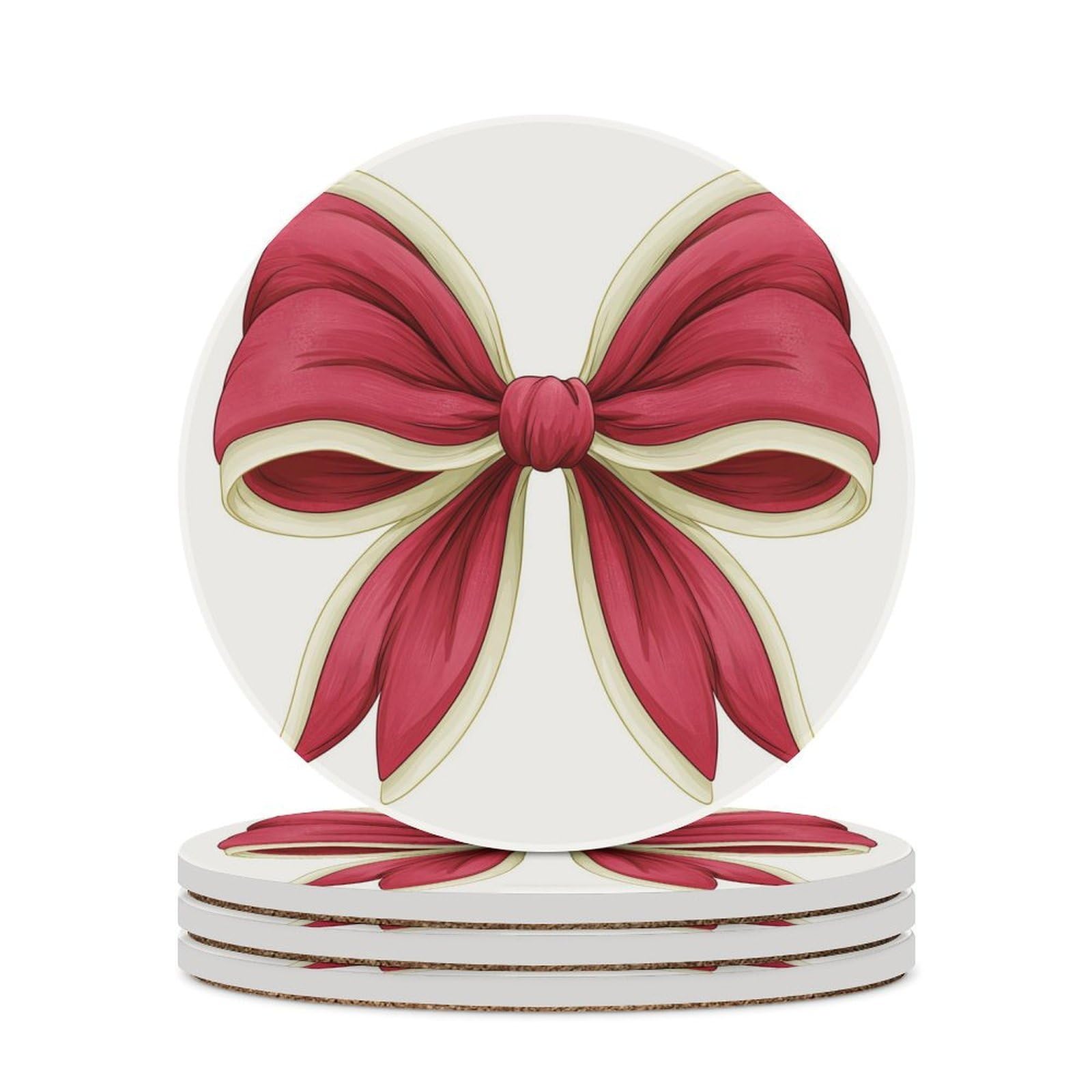 Big Red Bow with Ivory Trim Coasters Set of 4 Absorbent Coasters