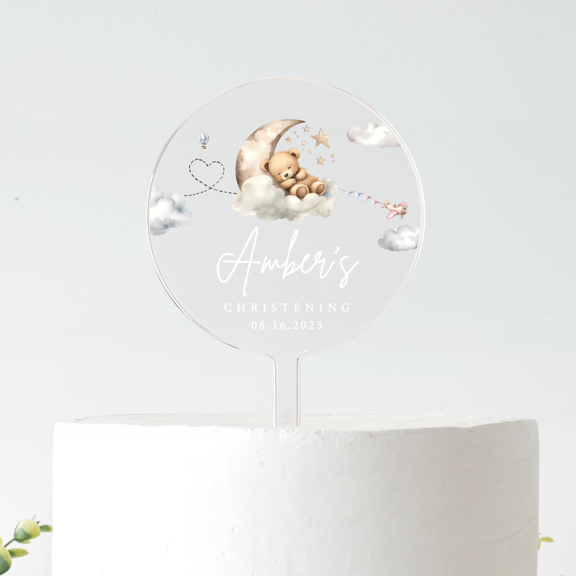 Personalised Christening Cake Topper Teddy Moon Design | Custom Name & Date | Frosted Acrylic | 10cm or 12cm (WHITE TEXT, 12CM)