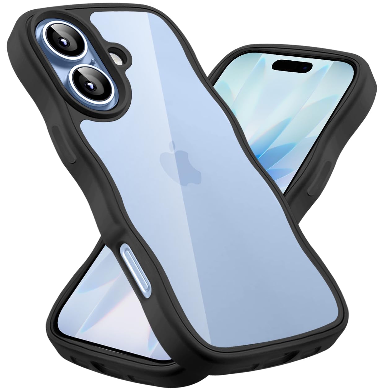 iPhone 17 用 ケース クリア かわいい 波状フレーム うねうね 耐衝撃 アイフォン 17 用 スマホケース 滑り止め 人気 可愛い カバー 落下防止 ワイヤレス充電対応 (ブラック)