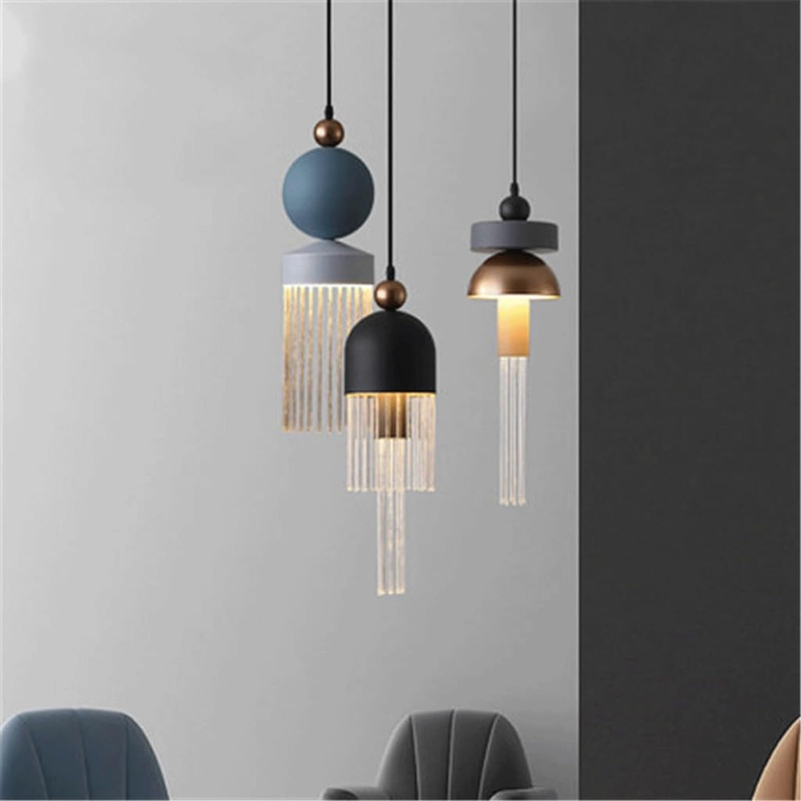 Przemysłowa lampa wisząca, wiszące lampy sufitowe z kryształowymi frędzlami | LED nowoczesny czarny żyrandol z jasnym szklanym prętem lampa wisząca