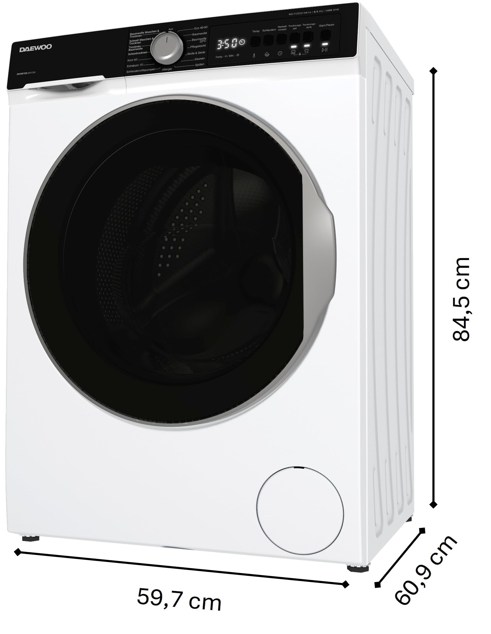 Daewoo WD-FC85514W1A-DE Waschtrockner, 8 kg Waschen, 5 kg Trocknen, 1400 U/min, Energieeffizienzklasse A, Inverter Motor, AquaStop, Weiß