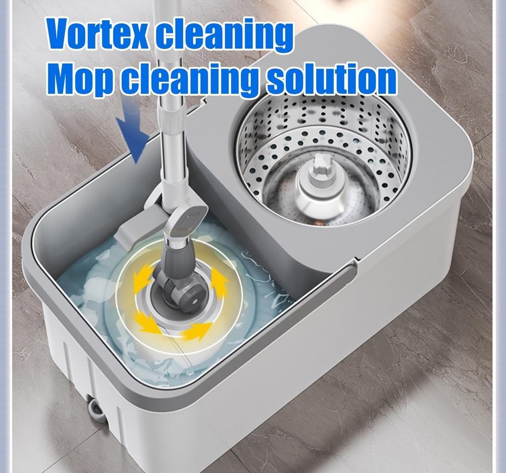 Spin Mop and Bucket Set 360° Spin Mop for Cleaning Floors Stainless Steel Handle Extendable Mop Floors with Reusable Pads Microfibrewet and Dry