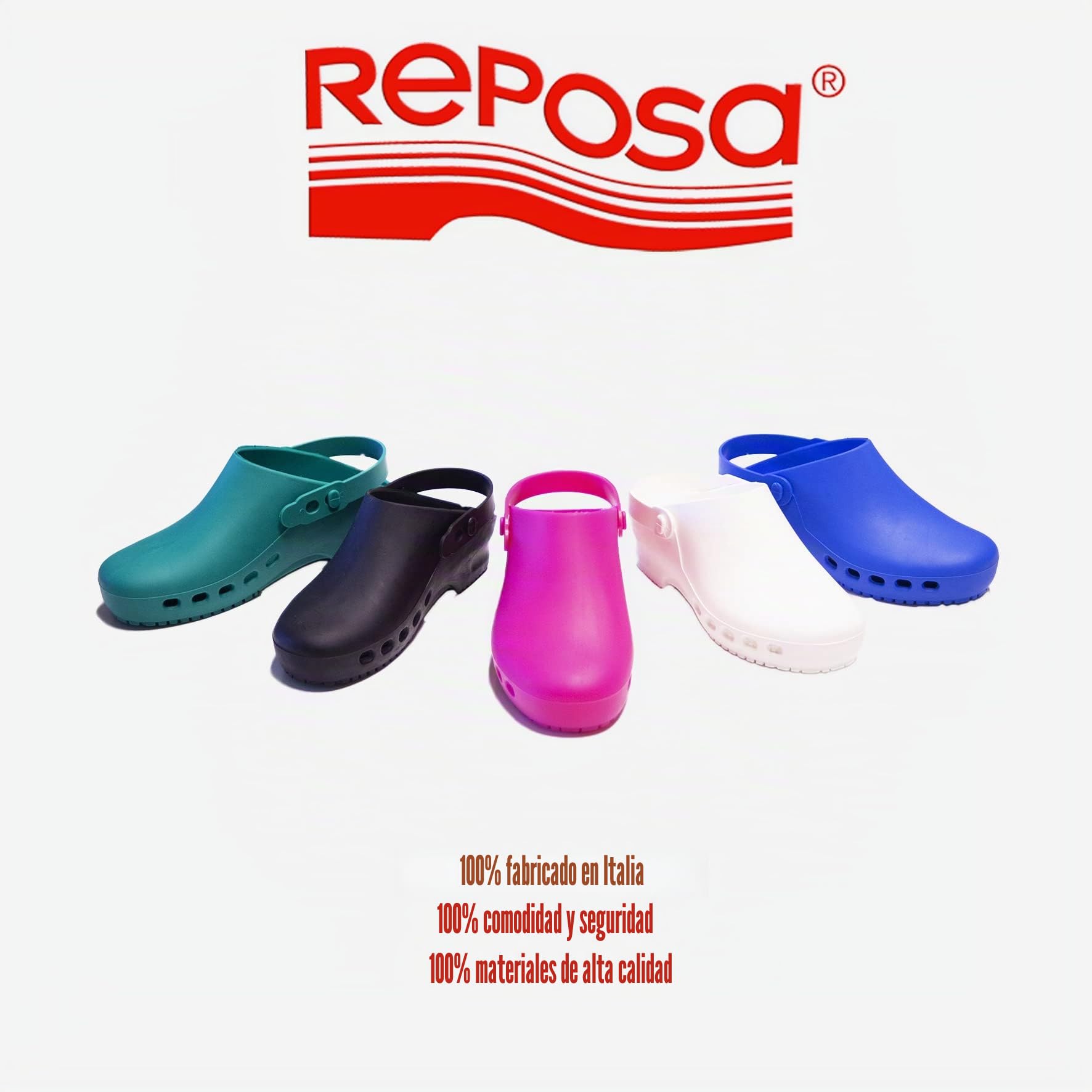 REPOSA - Zuecos para Mujer Y Hombre Modelo Eco, Zuecos para El Trabajo (esteticistas, Peluqueros) Versátiles, Cómodos Y Ligeros Incluso En Casa, Correa Abatible Y Suela Antideslizante - Made In Italy