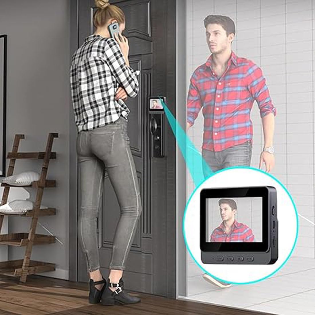 Timbre inalámbrico con cámara y Monitor (1pc) | Timbre inalámbrico sin suscripciones, resolución 1080p, ángulo 170°, pantalla 4.3 pulgadas, IPX65 exterior y visión nocturna