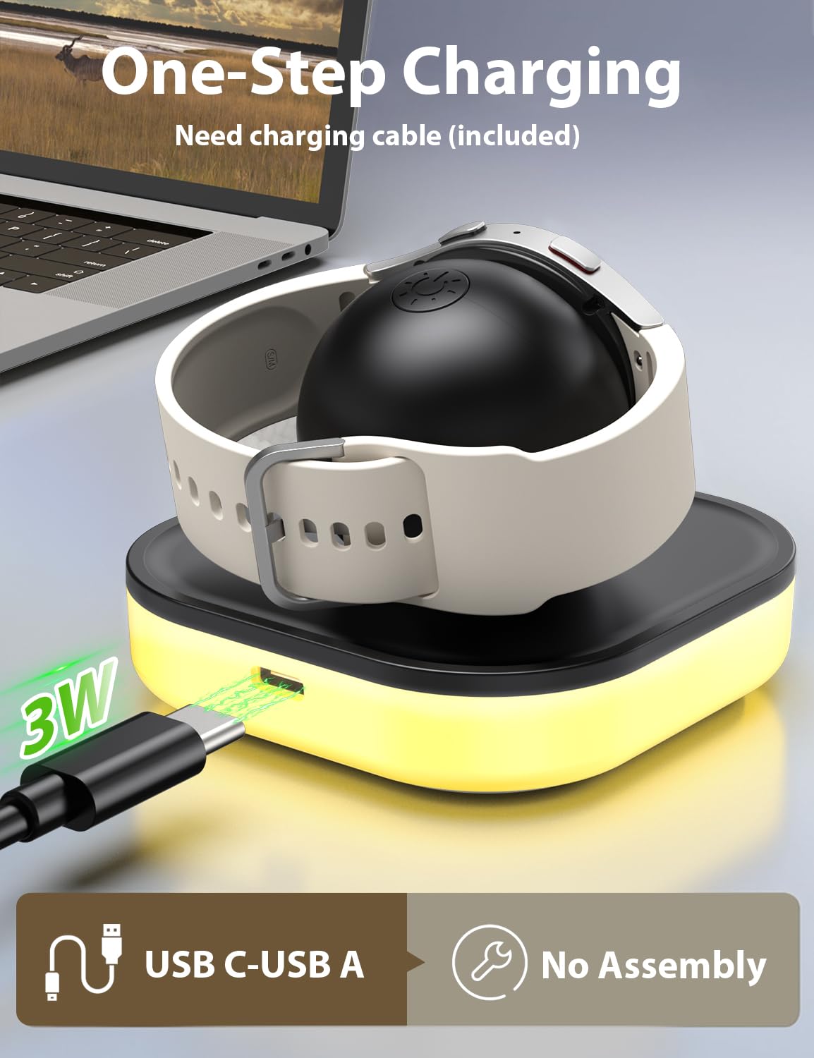 Supporto di ricarica per Samsung Galaxy Watch, dock di ricarica magnetico con luce e cavo USB per orologio 8/8 Classic/Ultra (2025)/Ultra/7/6/6 Classic/5/5 Pro/4/4 Classic/3/Active/FE