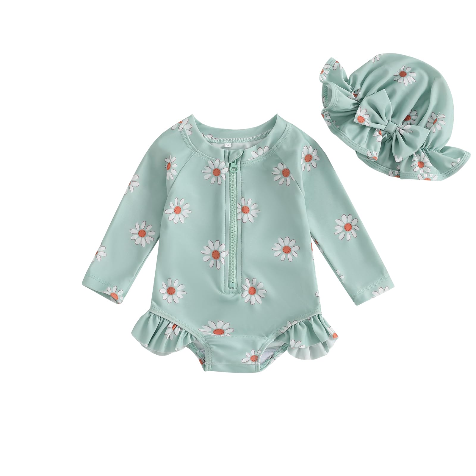Costume da bagno 2 pezzi per bambina stampato set costumi da bagno a maniche lunghe costumi da bagno un pezzo con cappello vestito costumi 3 mesi - 3 anni