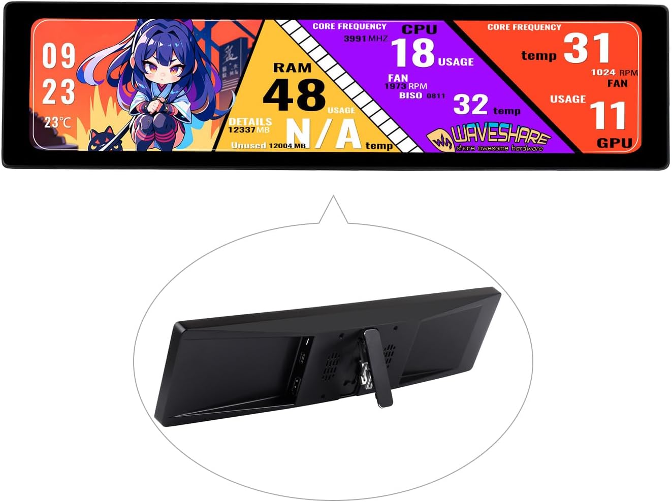 Waveshare 7.9inch HDMI LCD, Capacitive Touch IPS Screen, 400×1280 Resolution, with Toughened Glass Cover, Compatible with Raspberry Pi 4B/3B /3A /3B/2B/1B /1A /Zero 2 W/Zero W/Zero/Jetson Nano/PC