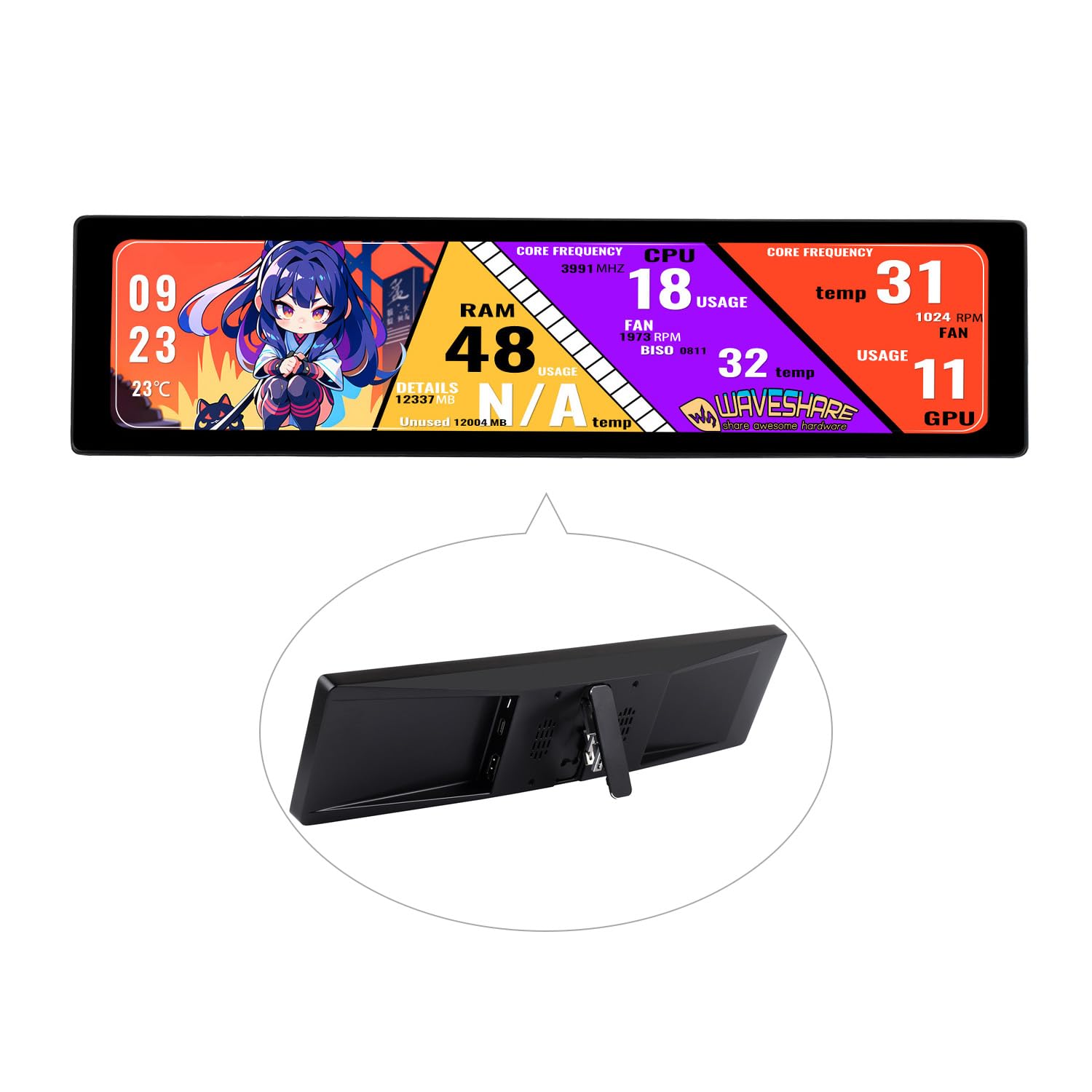 Waveshare 11.9inch IPS Display, 320x1480 Pixel, Toughened Glass Panel, HDMI Interface, with Hi-Fi Speaker, Collapsible Stand & Metal Case, for Raspberry Pi Screen also for Jetson Nano/Core3566/PC
