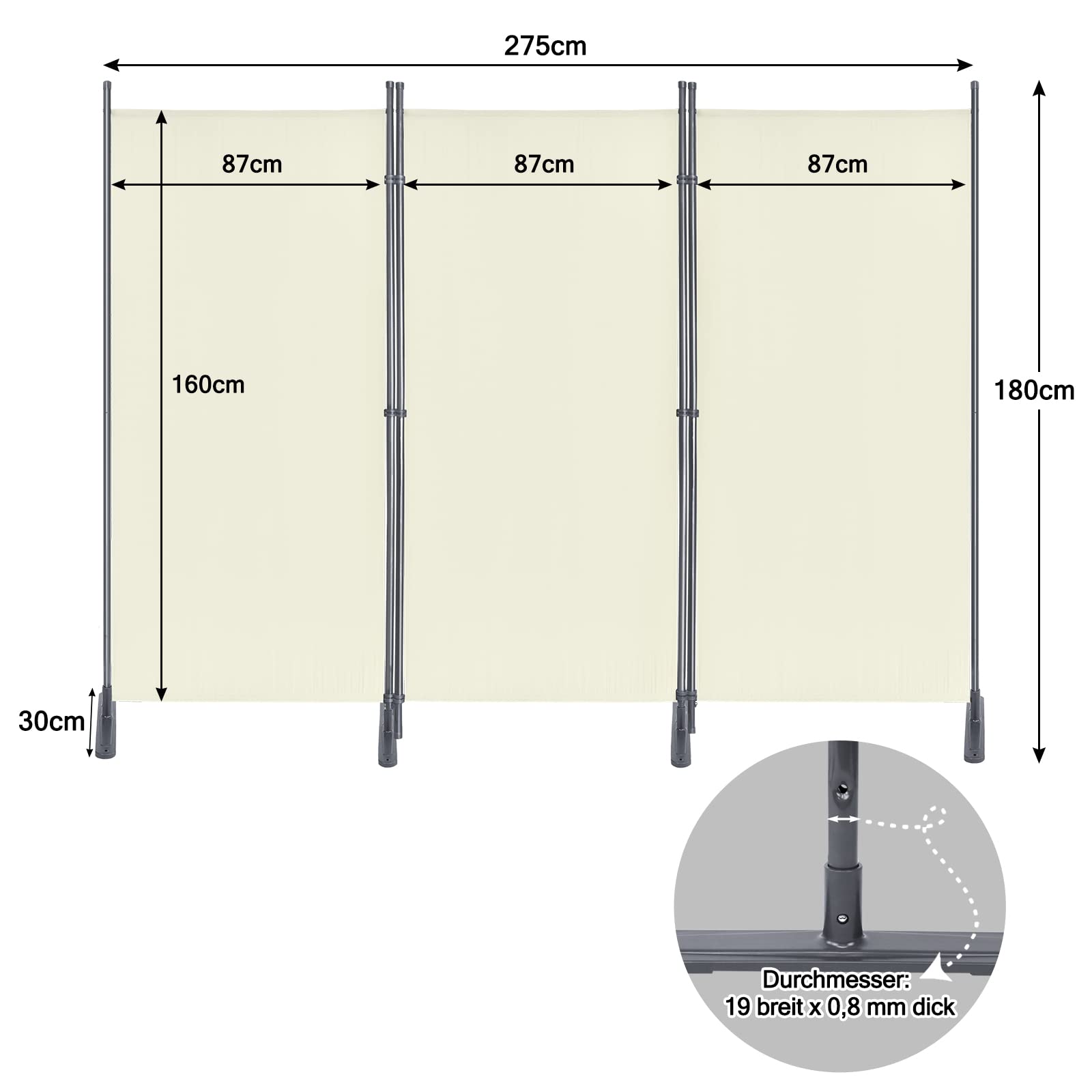 LZQ Paravent en 3 parties - 275 x 180 cm - En tissu - Pliable - Pour balcon, intérieur et extérieur - Jardin - Terrasse - Beige