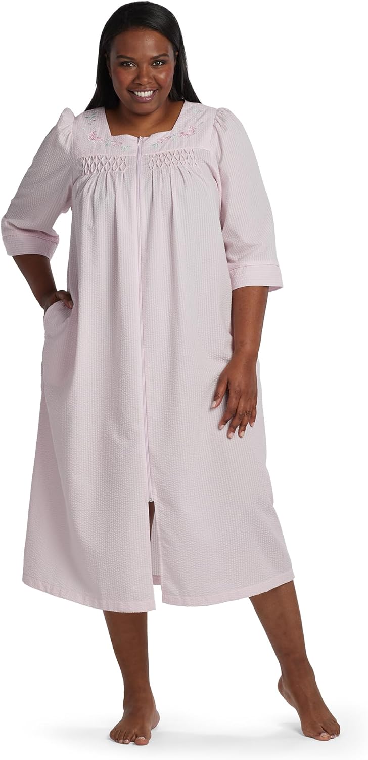 Miss Elaine Women's Long Seersucker Robe, Front Zipper, 3/4 Sleeves, Two Insert Pockets, Sleepwear and Loungewear - Image 3