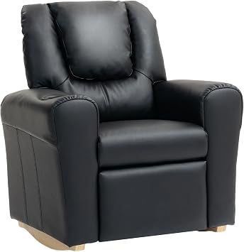 AVAWING Kids Recliner Chair with Cup Holder, Leather Toddler Recliner with Adjustable Backrest, Curved Rocking Legs and Comfy Armrests for Bedroom or Nursery Black
