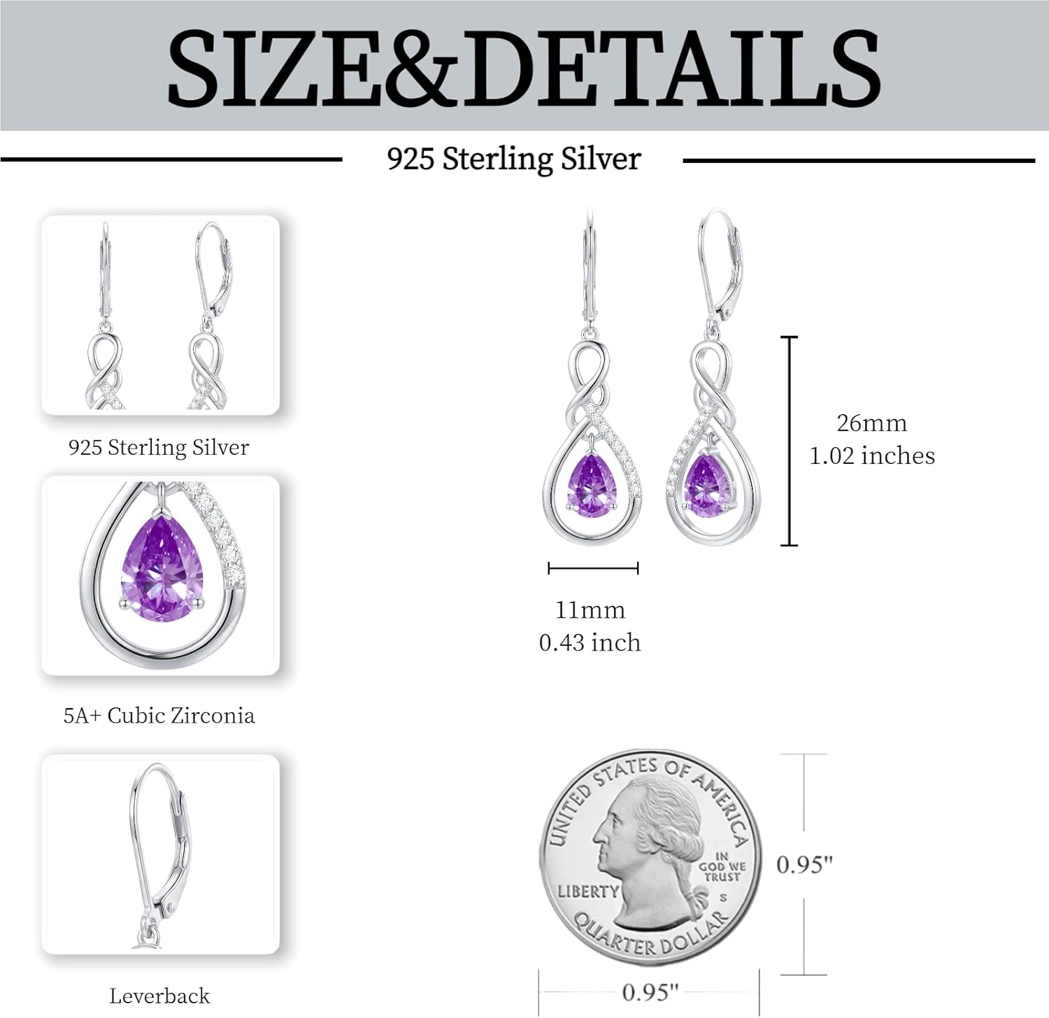 Infinty Dangle Drop Earrings 925 Sterling Silver Birthstone Earrings, Birthday Anniversary Jewelry Gifts for Women Her Mom Wife - Image 4