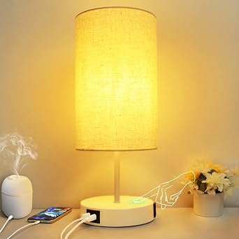 HiBay 17.75 Touch Table Lamp with Charging Station, 3-Way Dimmable 800LM Bedside Lamps with USB-A/USB-C Ports & AC Outlet, Modern White LED Nightstand Light with Beige Linen Shade for Bedroom Office