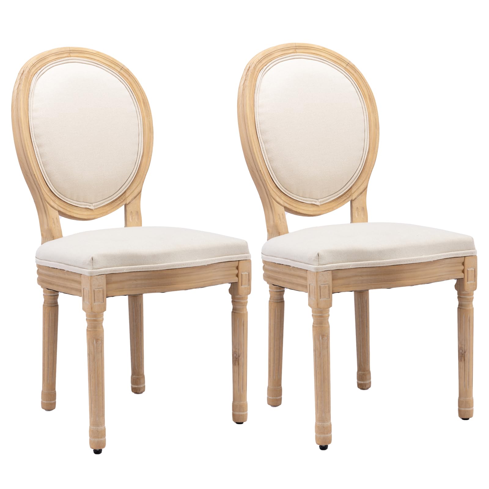 MZDOO French Country Dining Chairs Set of 2, Vintage Linen Fabric With Round Back and Solid Rubberwood Leg, Farmhouse Style for Dining Room, Living